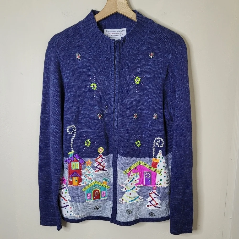 Tiara International Holiday Village Christmas Cardigan Sweater Full Zip Size XL - Picture 2 of 8